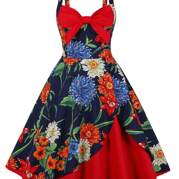 Vintage Dress 1950s Audrey Hepburn Style Sleeveless Woman Knee Length Floral Print Swing Dress