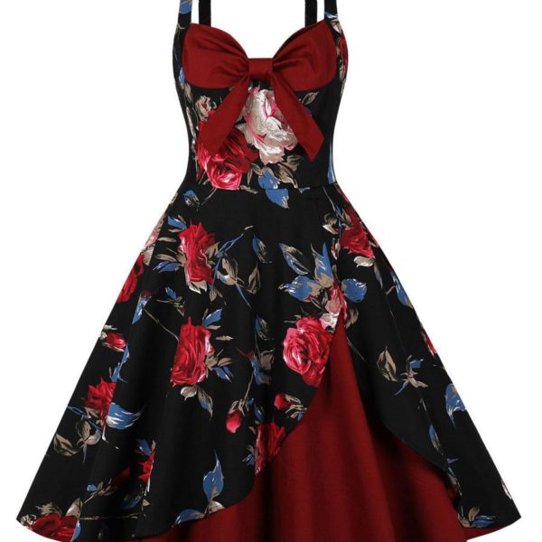 Vintage Dress 1950s Audrey Hepburn Style Sleeveless Woman Knee Length Floral Print Swing Dress