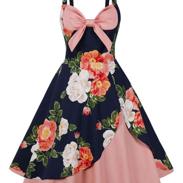 Vintage Dress 1950s Audrey Hepburn Style Sleeveless Woman Knee Length Floral Print Swing Dress