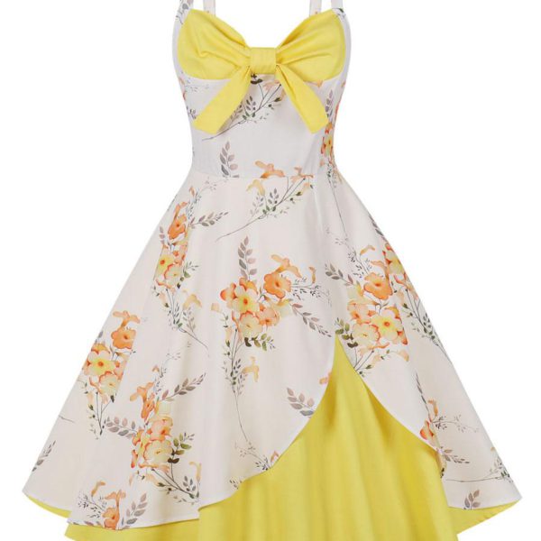 Vintage Dress 1950s Audrey Hepburn Style Sleeveless Woman Knee Length Floral Print Swing Dress
