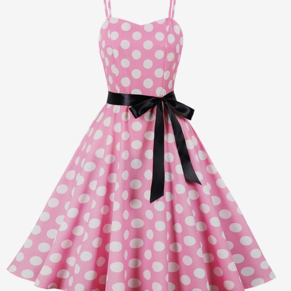 Vintage Dress 1950s Audrey Hepburn Style Pink Polka Dot Woman's Sleeveless Rockabilly Dress