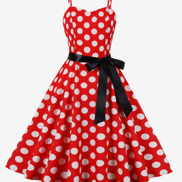Vintage Dress 1950s Audrey Hepburn Style Pink Polka Dot Woman's Sleeveless Rockabilly Dress