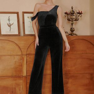 Deep Gray Jumpsuit Straps Neck Sleeveless Zipper Backless Strapless Korean Velvet Straight Summer Playsuit
