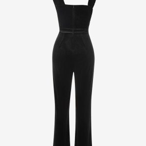 Deep Gray Jumpsuit Straps Neck Sleeveless Zipper Backless Strapless Korean Velvet Straight Summer Playsuit
