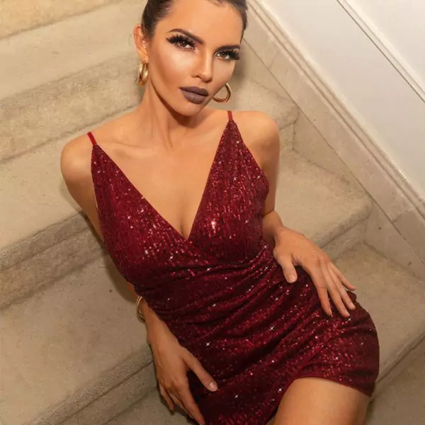 Birthday Sequin Prom Dress V-Neck Sleeveless Club Bodycon Sexy Short Dress