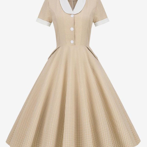 Barbie Pink Gingham Dress 1950s Audrey Hepburn Style Short Sleeves Vintage Dress