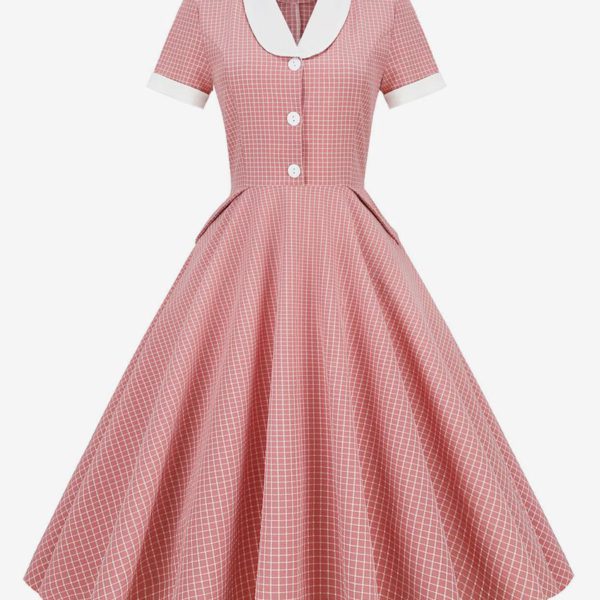 Barbie Pink Gingham Dress 1950s Audrey Hepburn Style Short Sleeves Vintage Dress
