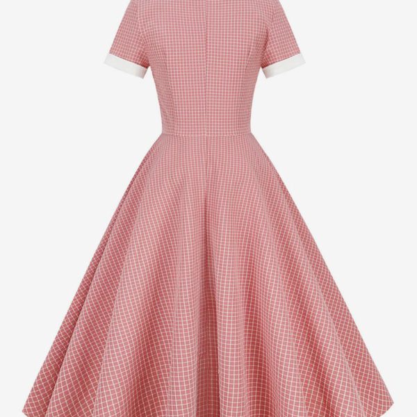 Barbie Pink Gingham Dress 1950s Audrey Hepburn Style Short Sleeves Vintage Dress