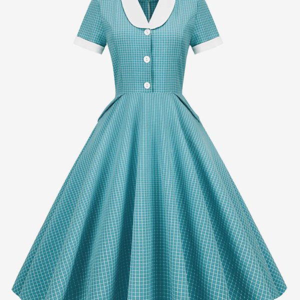 Barbie Pink Gingham Dress 1950s Audrey Hepburn Style Short Sleeves Vintage Dress