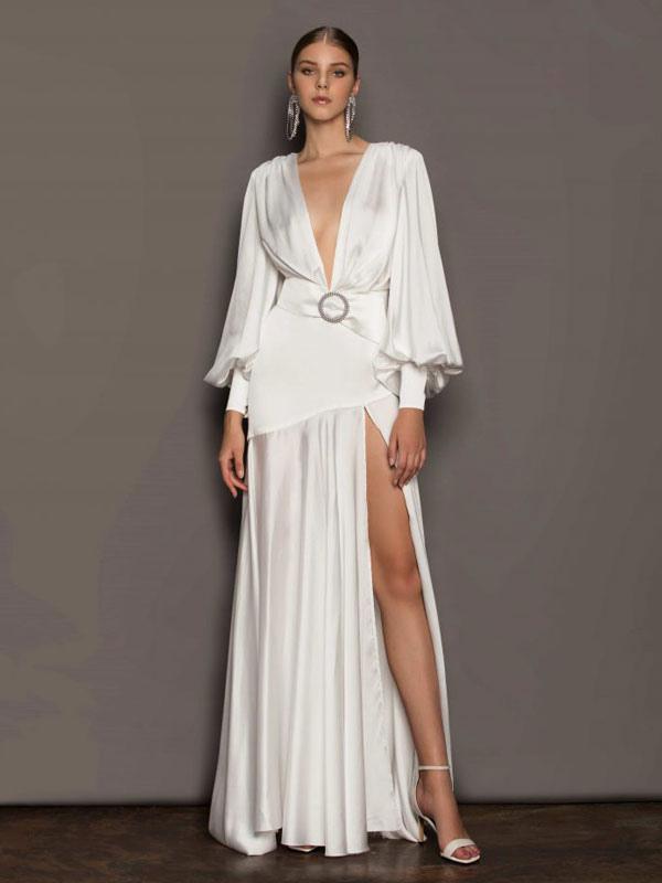 Maxi Party Dresses White V-Neck Birthday Long Sleeves High-slit Bridal Gown
