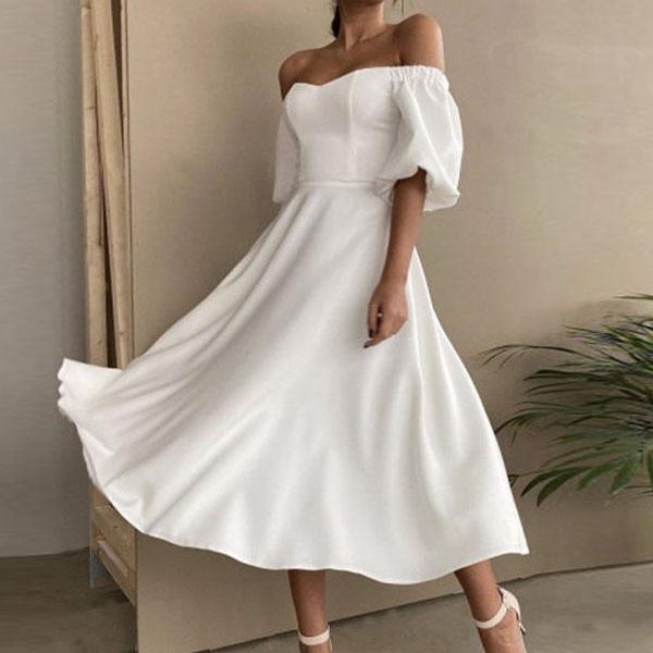 Midi Dress Bateau Neck Half Sleeves Semi Formal Party Dress