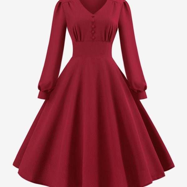 Vintage Dress 1950s Audrey Hepburn Style V-Neck Layered Long Sleeves Medium