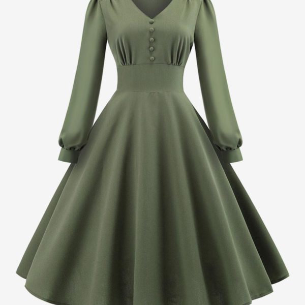 Vintage Dress 1950s Audrey Hepburn Style V-Neck Layered Long Sleeves Medium