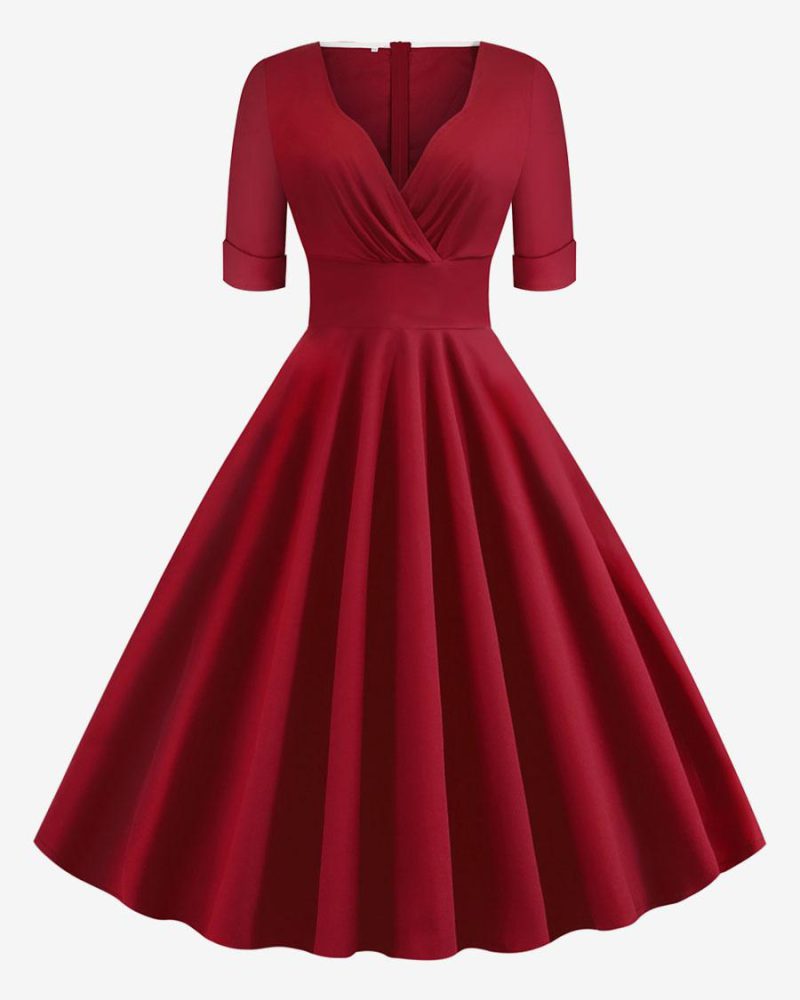 Vintage Dress 1950s Audrey Hepburn Style Red Layered Short Sleeves Sweetheart Neck Rockabilly Dress