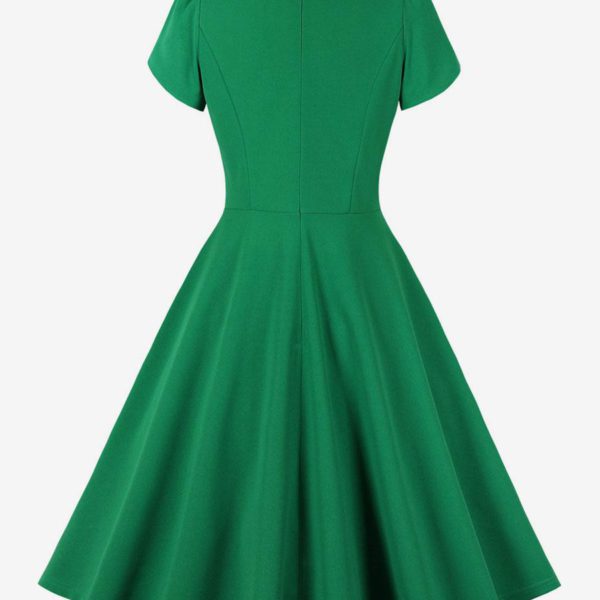 Retro Dress 1950s Audrey Hepburn Style Jewel Neck Lace Up Short Sleeves Knee Length Swing Dress