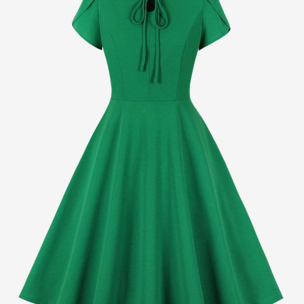 Retro Dress 1950s Audrey Hepburn Style Jewel Neck Lace Up Short Sleeves Knee Length Swing Dress