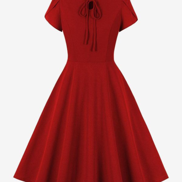 Retro Dress 1950s Audrey Hepburn Style Jewel Neck Lace Up Short Sleeves Knee Length Swing Dress
