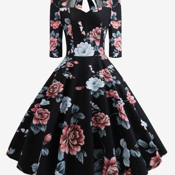 Vintage Dress 1950s Audrey Hepburn Style Sweetheart Neck Lace Up Layered 3/4 Length Sleeves Medium Floral Print Rockabilly Dress