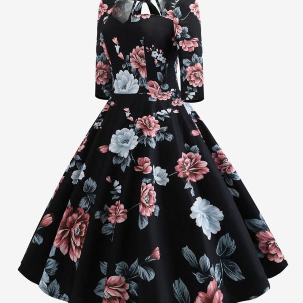 Vintage Dress 1950s Audrey Hepburn Style Sweetheart Neck Lace Up Layered 3/4 Length Sleeves Medium Floral Print Rockabilly Dress
