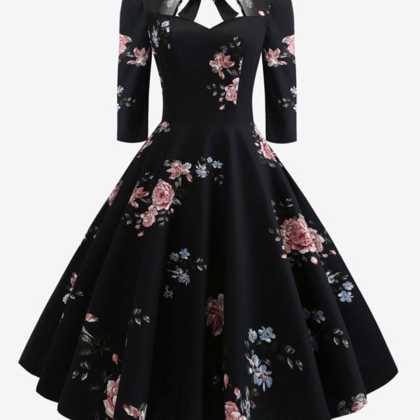 Vintage Dress 1950s Audrey Hepburn Style Sweetheart Neck Lace Up Layered 3/4 Length Sleeves Medium Floral Print Rockabilly Dress