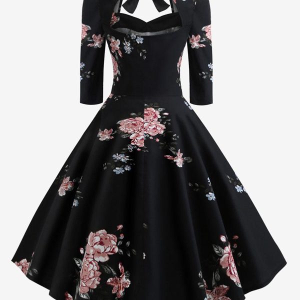 Vintage Dress 1950s Audrey Hepburn Style Sweetheart Neck Lace Up Layered 3/4 Length Sleeves Medium Floral Print Rockabilly Dress