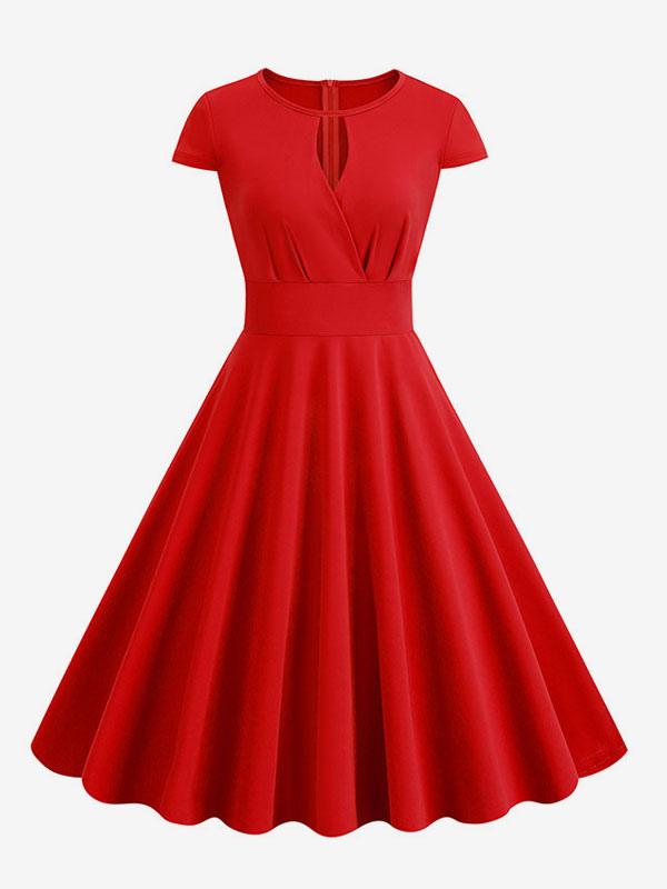 Vintage Dress 1950s Audrey Hepburn Style Jewel Neck Cut Out Short Sleeves Medium Swing Dress