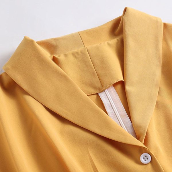 Vintage Dress Turndown Collar Buttons 1950s Audrey Hepburn Style Short Sleeves Medium Yellow Rockabilly Dress