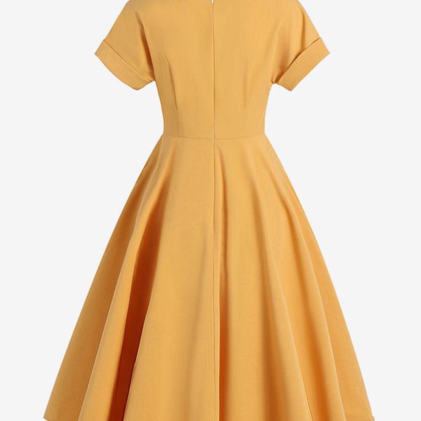 Vintage Dress Turndown Collar Buttons 1950s Audrey Hepburn Style Short Sleeves Medium Yellow Rockabilly Dress