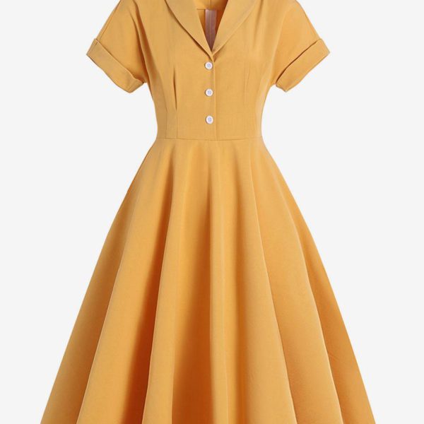 Vintage Dress Turndown Collar Buttons 1950s Audrey Hepburn Style Short Sleeves Medium Yellow Rockabilly Dress