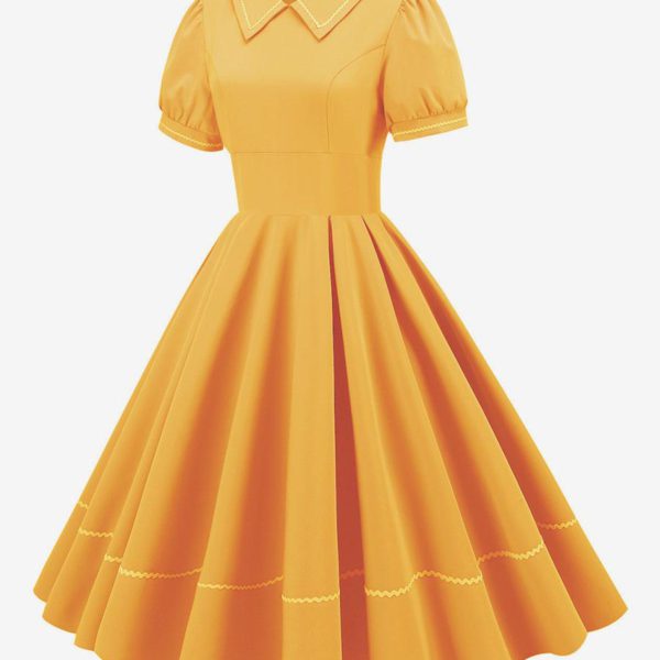 Vintage Dress 1950s Audrey Hepburn Style Yellow Short Sleeves Turndown Collar Medium Swing Dress - Image 3