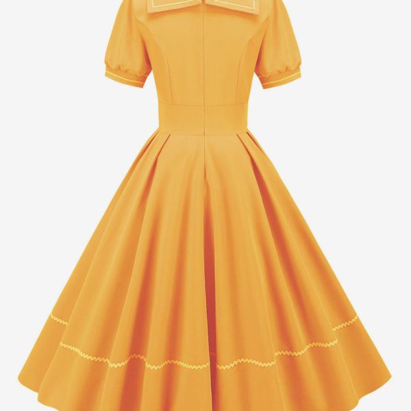 Vintage Dress 1950s Audrey Hepburn Style Yellow Short Sleeves Turndown Collar Medium Swing Dress