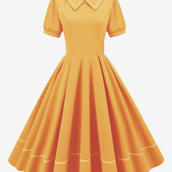 Vintage Dress 1950s Audrey Hepburn Style Yellow Short Sleeves Turndown Collar Medium Swing Dress