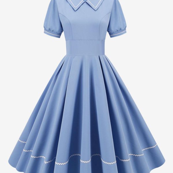 Vintage Dress 1950s Audrey Hepburn Style Yellow Short Sleeves Turndown Collar Medium Swing Dress