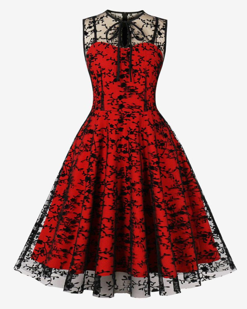 Retro Dress Red Floral Print 1950s Audrey Hepburn Style Lace Sleeveless Crewneck Knee Length Rockabilly Dress