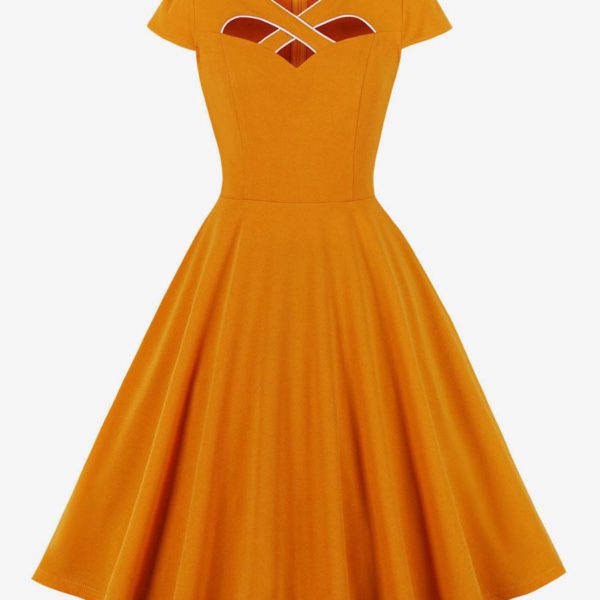Retro Dress Orange Cut Out 1950s Audrey Hepburn Style Short Sleeves V-Neck Knee Length Swing Dress