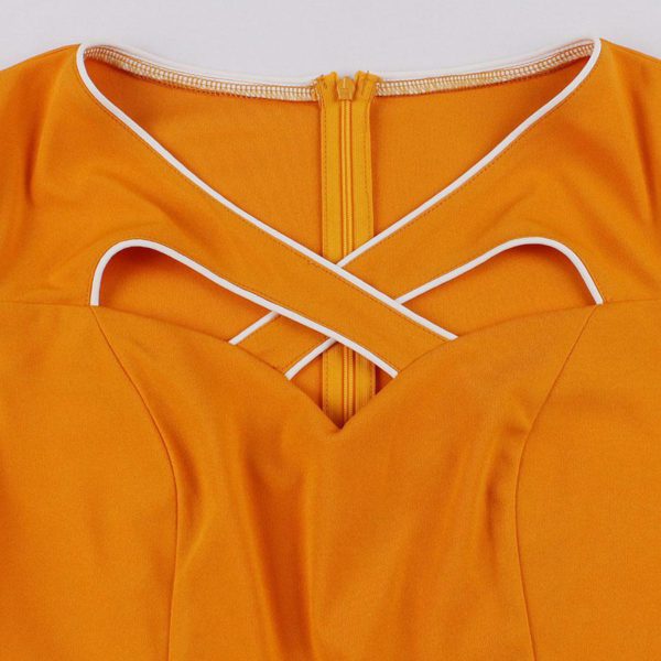 Retro Dress Orange Cut Out 1950s Audrey Hepburn Style Short Sleeves V-Neck Knee Length Swing Dress - Image 3