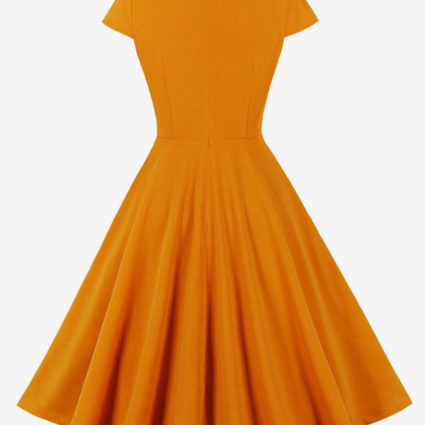 Retro Dress Orange Cut Out 1950s Audrey Hepburn Style Short Sleeves V-Neck Knee Length Swing Dress - Image 2