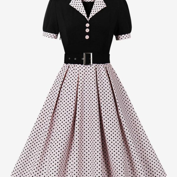 Vintage Dress Pink Polka Dot 1950s Audrey Hepburn Style Sash Short Sleeves V-Neck Knee Length Swing Dress