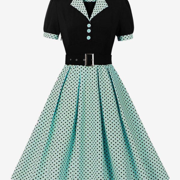 Vintage Dress Pink Polka Dot 1950s Audrey Hepburn Style Sash Short Sleeves V-Neck Knee Length Swing Dress