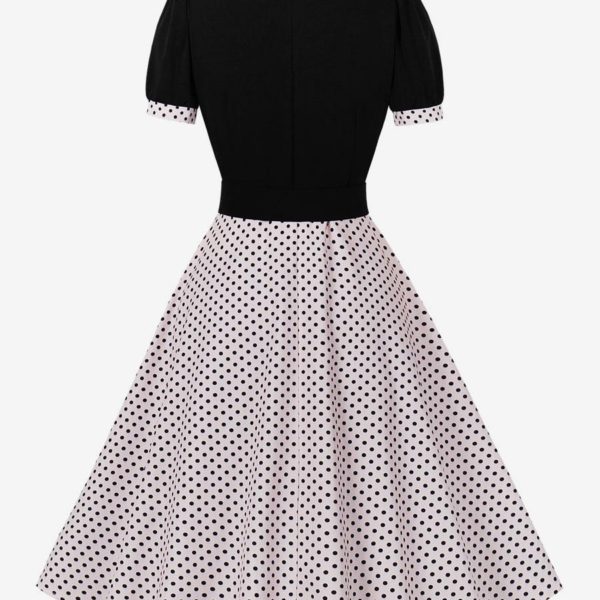 Vintage Dress Pink Polka Dot 1950s Audrey Hepburn Style Sash Short Sleeves V-Neck Knee Length Swing Dress
