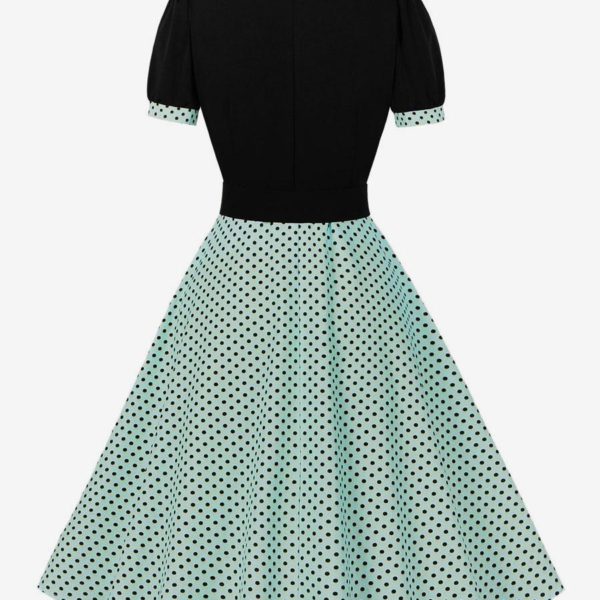 Vintage Dress Pink Polka Dot 1950s Audrey Hepburn Style Sash Short Sleeves V-Neck Knee Length Swing Dress
