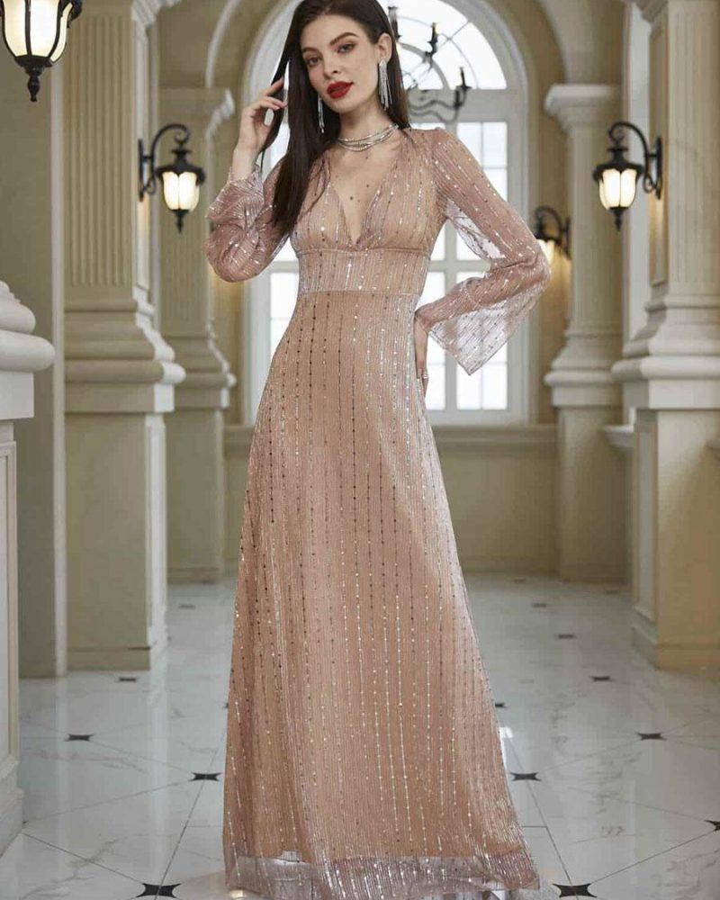 Party Dresses Nude V-Neck Sequins Long Sleeves Sheer Semi Formal Dress