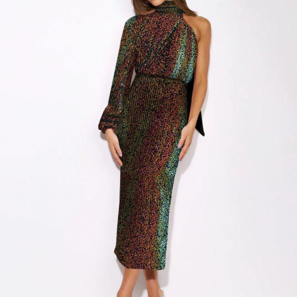 Sequined Party Dresses Long Sleeves One-Shoulder Semi Formal Dress