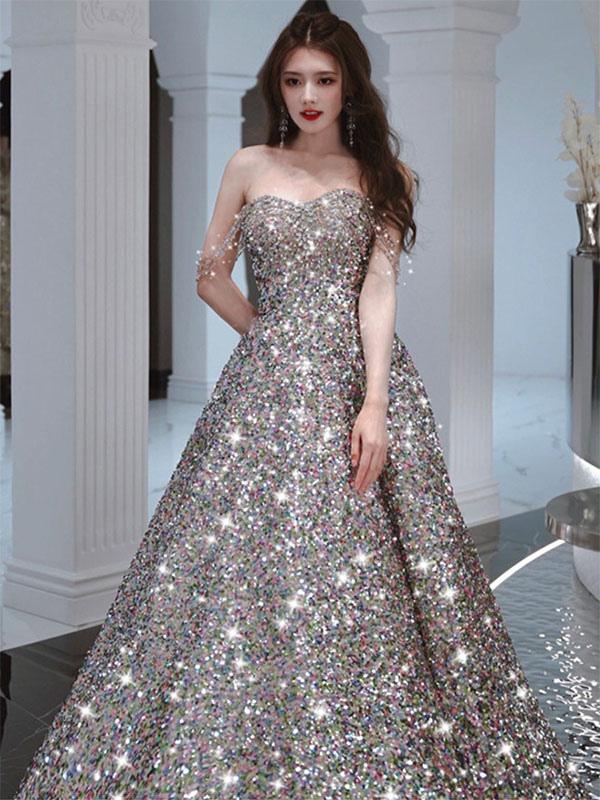 Prom Dress A-Line Strapless Sequined Sleeveless Beaded Party Dresses