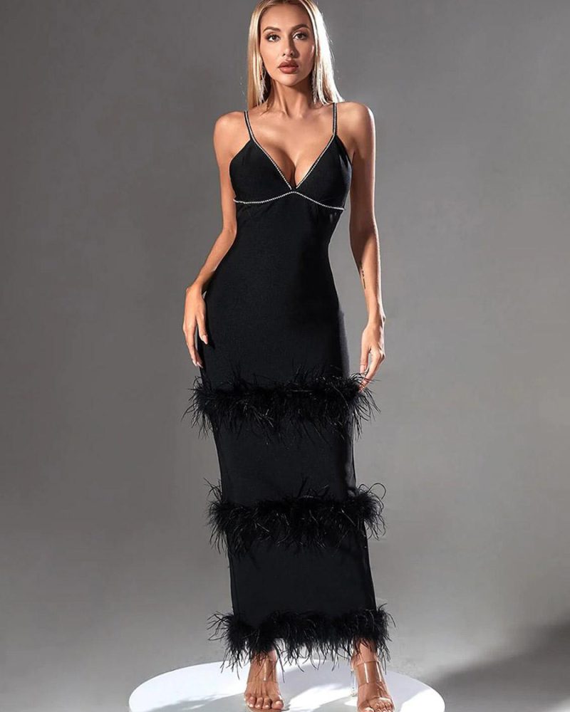 Party Dresses V-Neck Backless Rhinestones Feather Bandage Dress