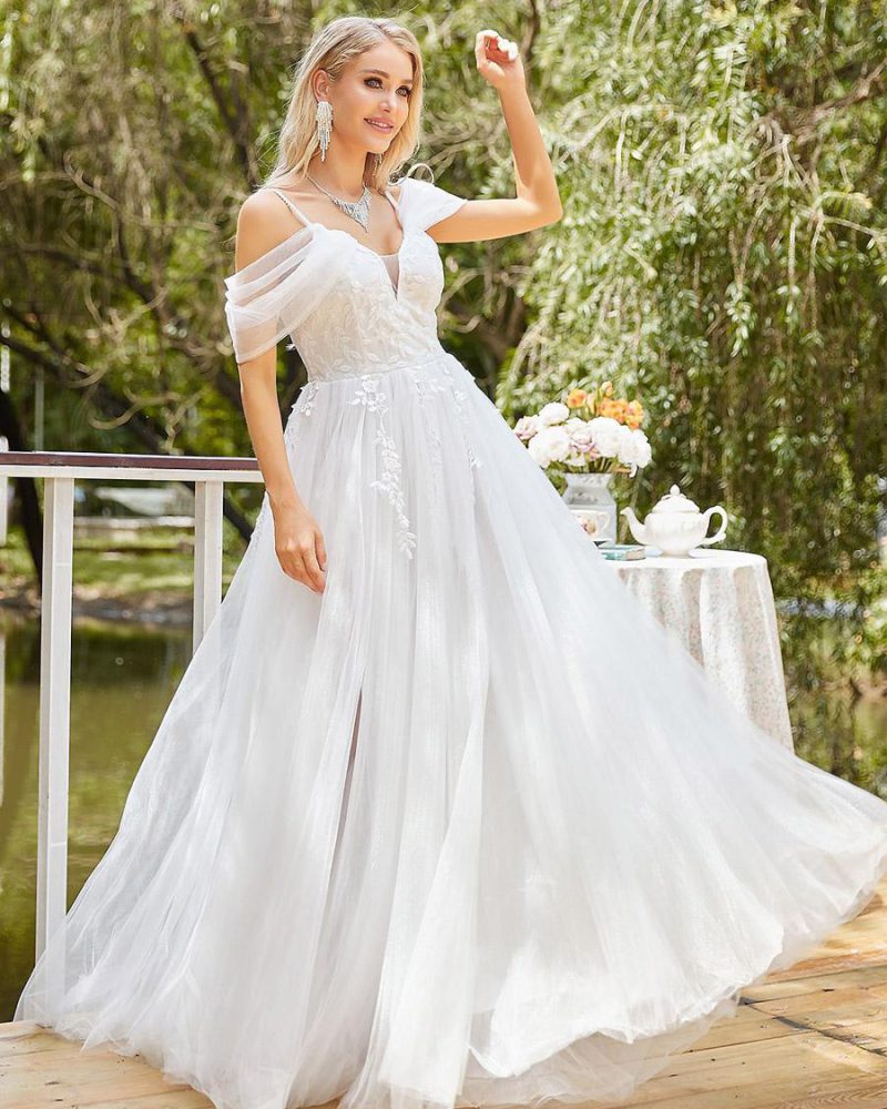 Party Dresses V-Neck Lace Off-the-Shoulder A-line Tulle Bridal Wedding Dress