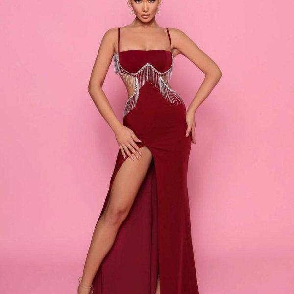 Party Dresses Burgundy Straps Neck Fringe Sleeveless Backless Semi Formal Dress