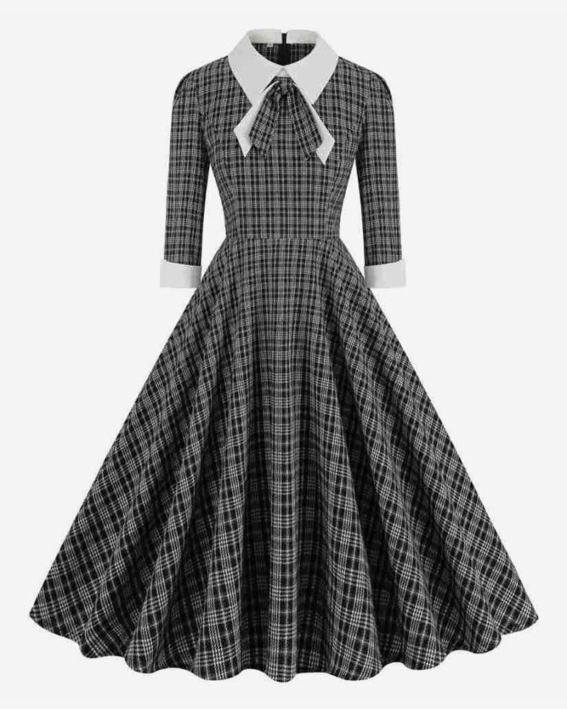 Retro Dress Bows Scottish Plaid Audrey Hepburn Style Elegant Dresses