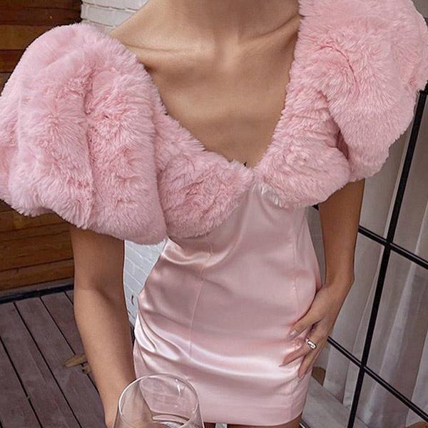 Birthday Party Dresses Pink V-Neck Faux Fur Trim Mini Dress In Pink