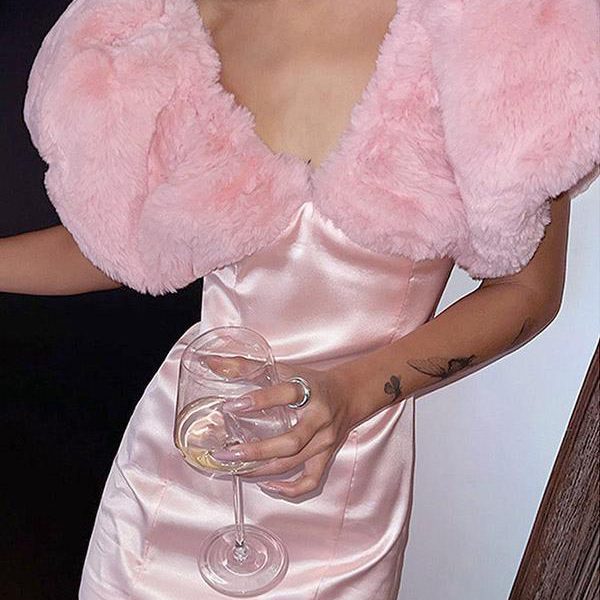 Birthday Party Dresses Pink V-Neck Faux Fur Trim Mini Dress In Pink